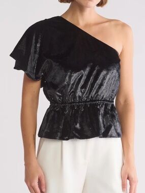 7 For All Mankind One-Shoulder Velvet ruffle Peplum Top Size XS shine back NWT